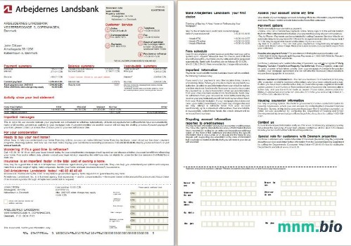 Dania Bank Arbejdernes Landsbank wyciąg z kredytu hipotecznego, 2 strony, 1-2